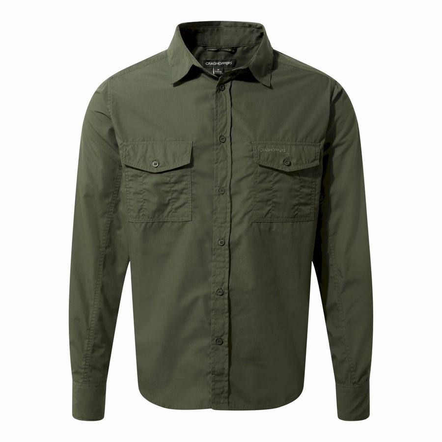 Craghoppers Kiwi Long Sleeved Men's Shirts Deep Green | GON547EQ