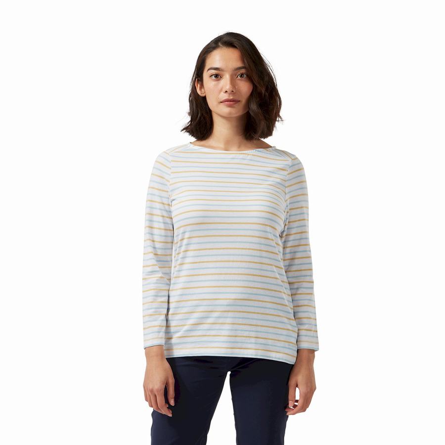 Craghoppers Blanca 3/4 Sleeved Top Women's T-Shirts Blue Yellow Stripes | YHQ204QV