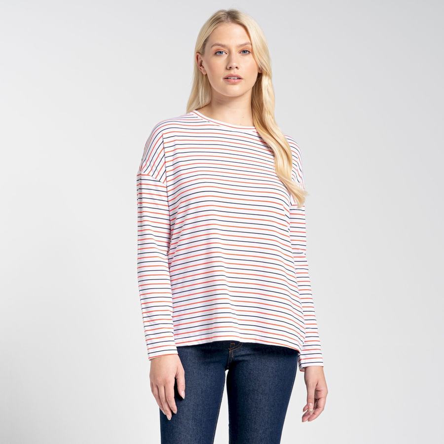 Craghoppers NosiLife Cora Long Sleeved Women's T-Shirts Blue Navy Orange Stripes | OWI787NT