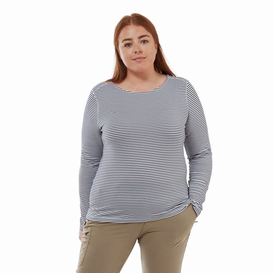 Craghoppers NosiLife Erin Long Sleeved Women's T-Shirts Blue Navy Stripes | IJJ8290VB