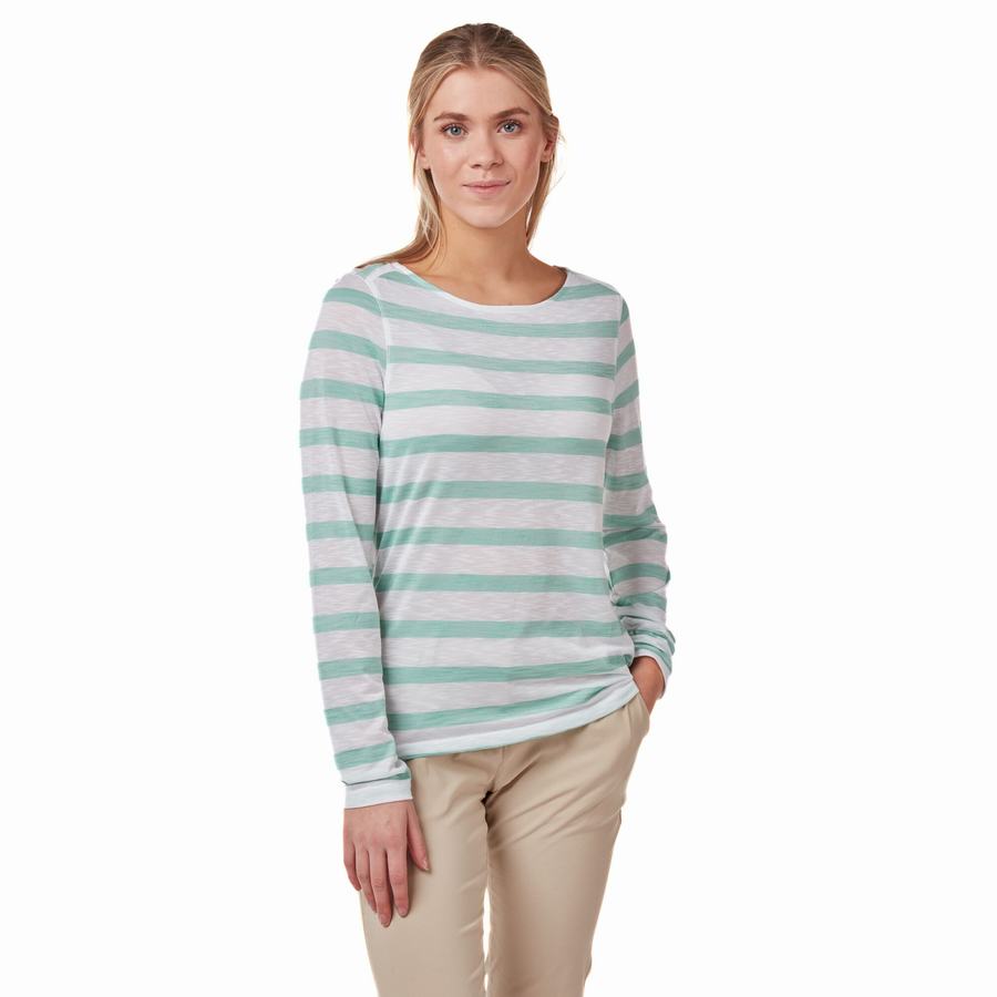 Craghoppers NosiLife Erin Long Sleeved Women's T-Shirts Turquoise Stripes | TBC6857ED