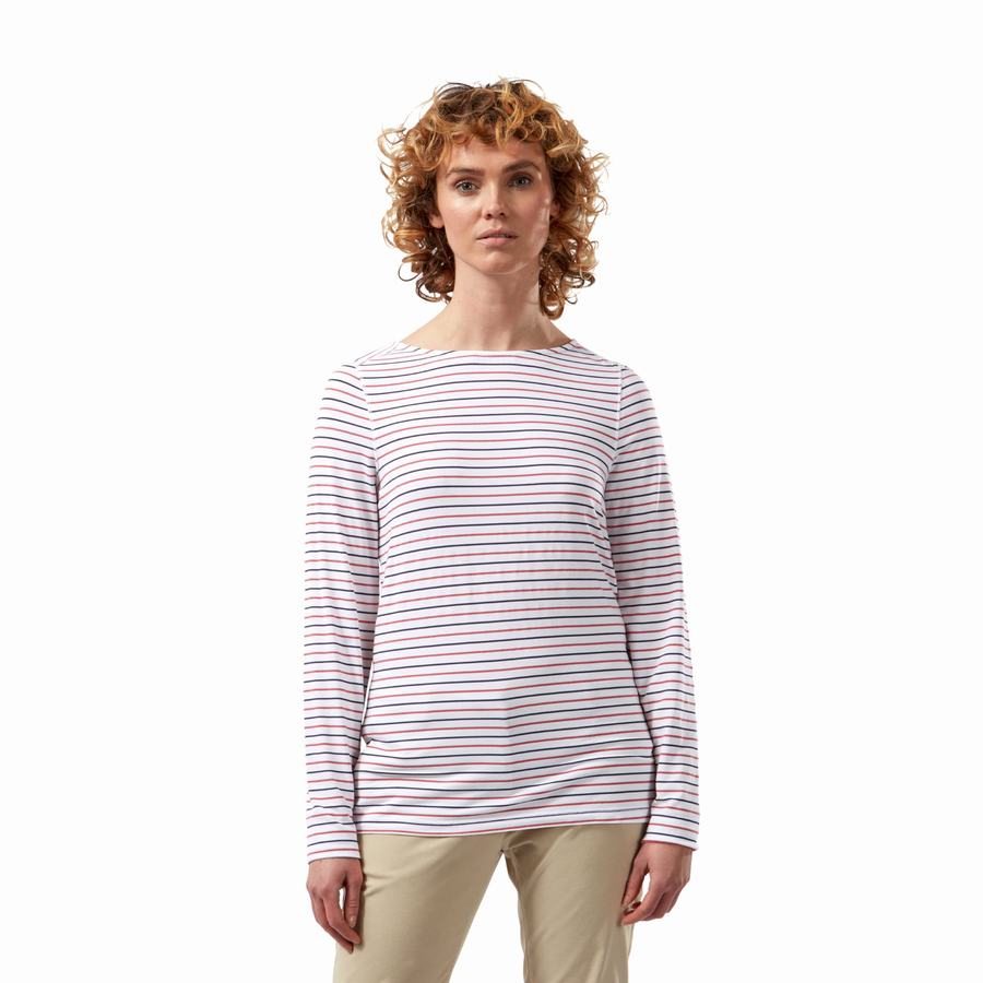 Craghoppers NosiLife Erin Long Sleeved Women's T-Shirts Blue Navy Red Stripes | YDR351GS