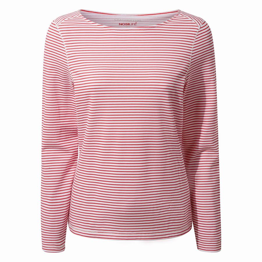 Craghoppers NosiLife Erin Long Sleeved Women\'s T-Shirts Red Stripes | YEP1013EF